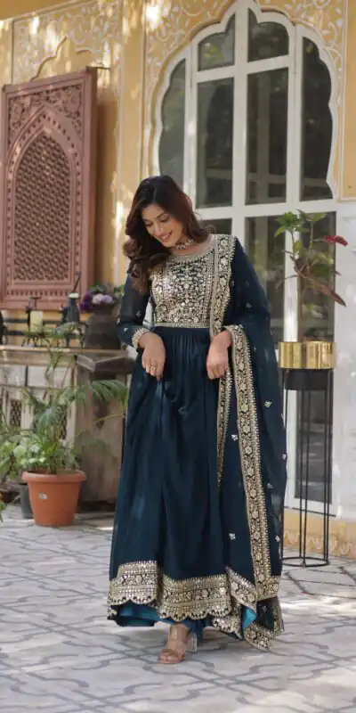 Teal Faux Blooming With Embroidery Zari Work Gown | Gowns, Bollywood Gowns, Creative Gowns, Designer Gowns, Embroidered Gowns, Party Wear Gowns