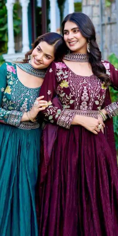 Teal Fendy Silk Embroidery Work Gown | Gowns, Bollywood Gowns, Creative Gowns, Designer Gowns, Embroidered Gowns, Party Wear Gowns