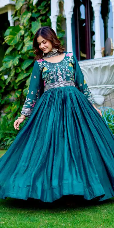 Teal Fendy Silk Embroidery Work Gown | Gowns, Bollywood Gowns, Creative Gowns, Designer Gowns, Embroidered Gowns, Party Wear Gowns