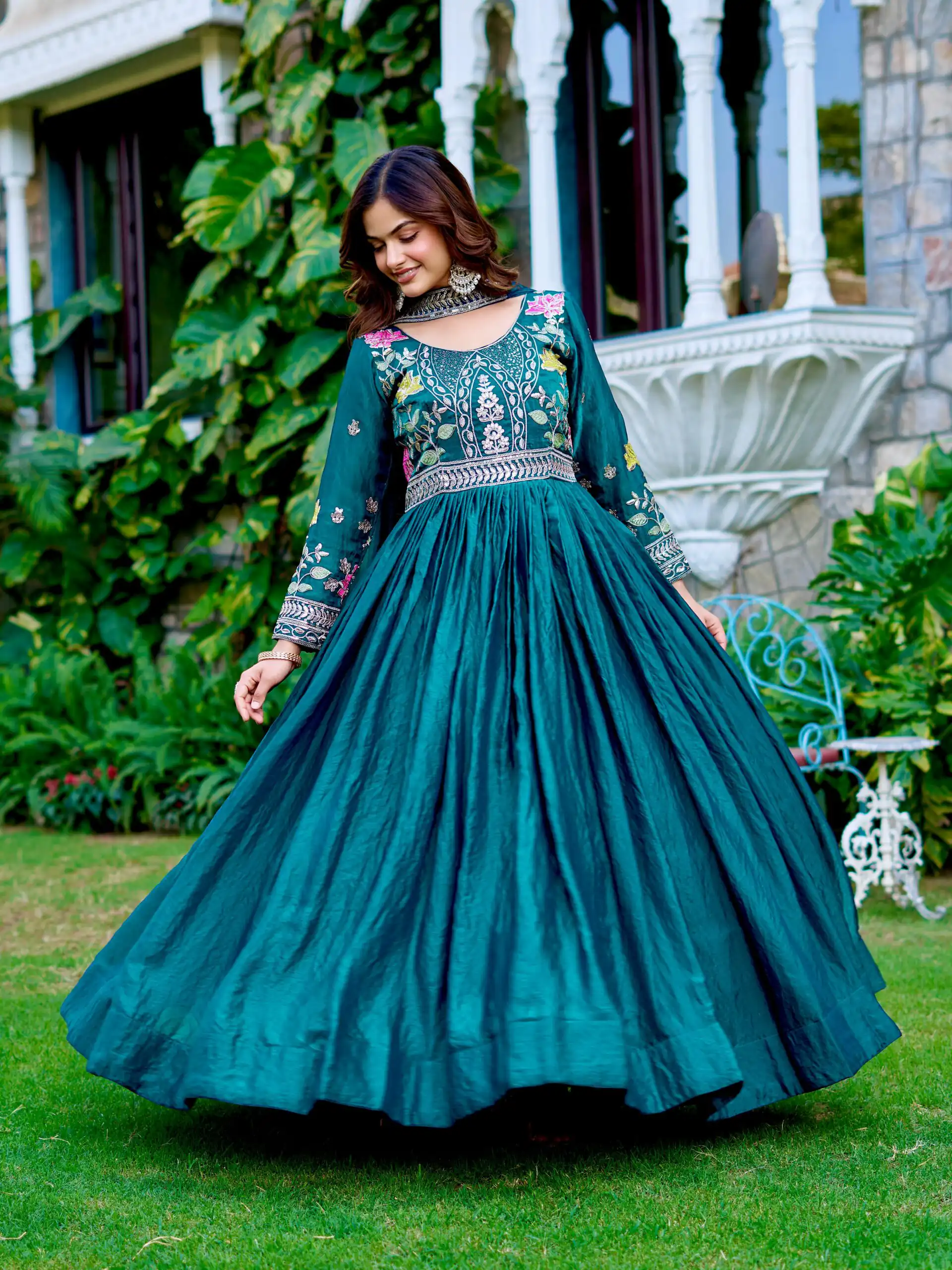Teal Fendy Silk Embroidery Work Gown | Gowns, Bollywood Gowns, Creative Gowns, Designer Gowns, Embroidered Gowns, Party Wear Gowns