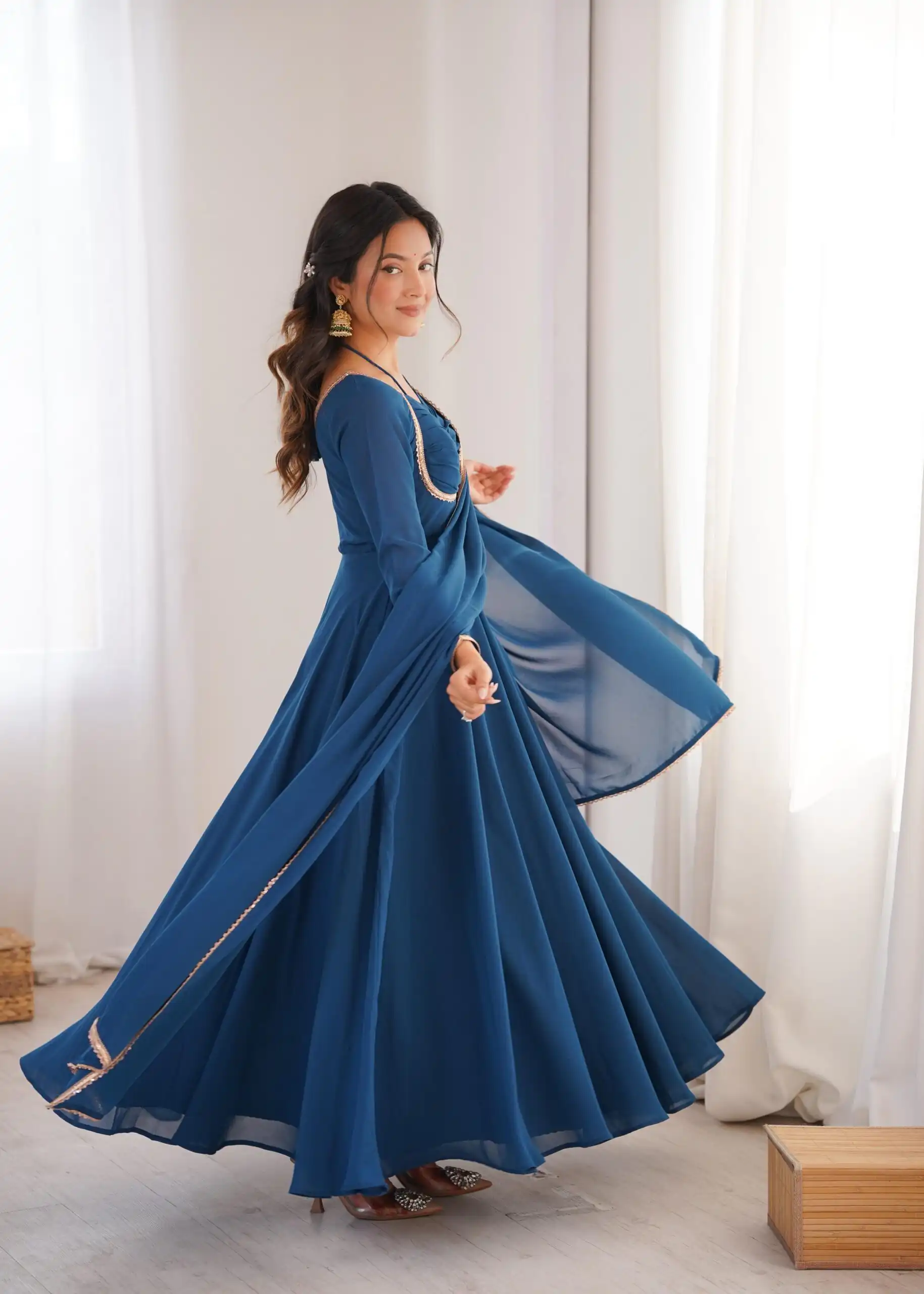 Teal Fox Blooming Georgette Lace Work Gown | Gowns, Bollywood Gowns, Creative Gowns, Designer Gowns, Embroidered Gowns, Party Wear Gowns