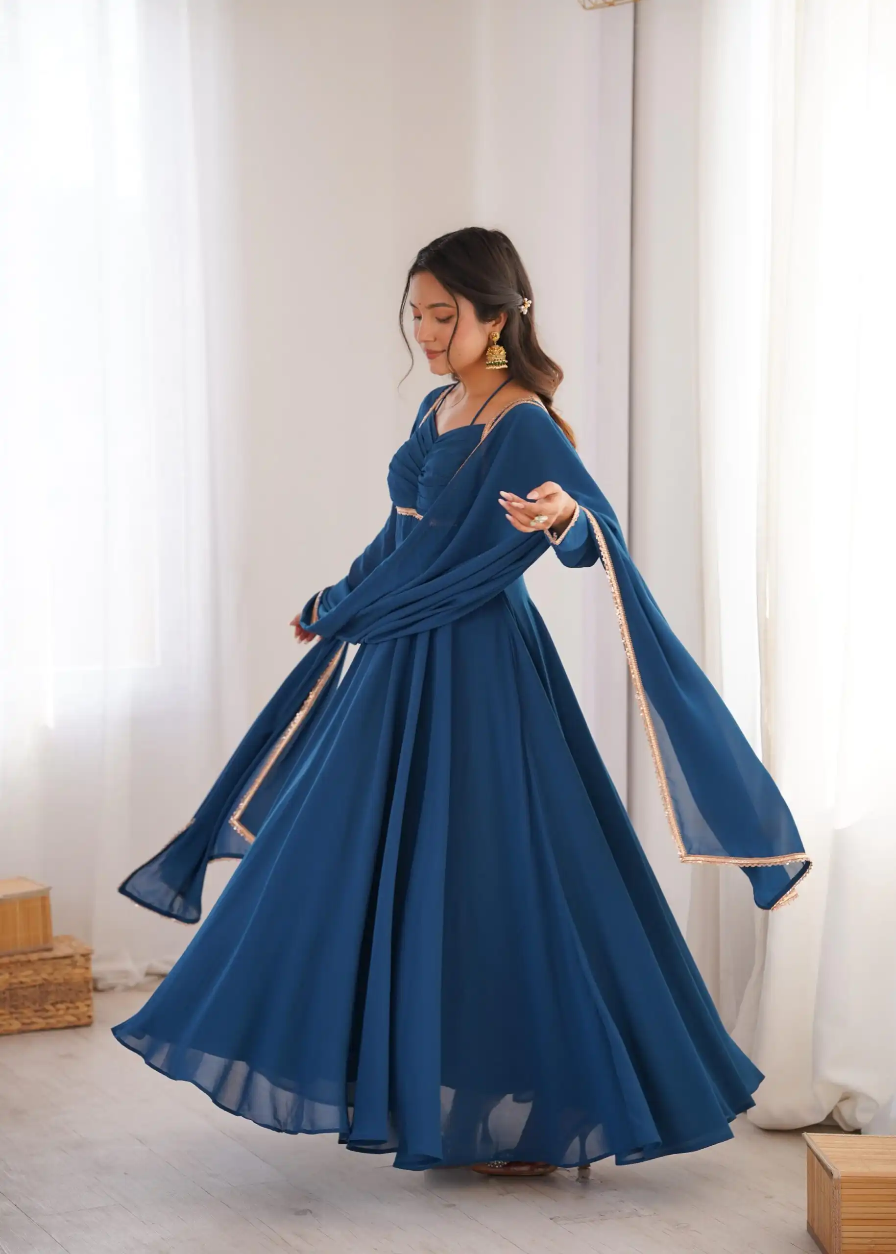 Teal Fox Blooming Georgette Lace Work Gown | Gowns, Bollywood Gowns, Creative Gowns, Designer Gowns, Embroidered Gowns, Party Wear Gowns