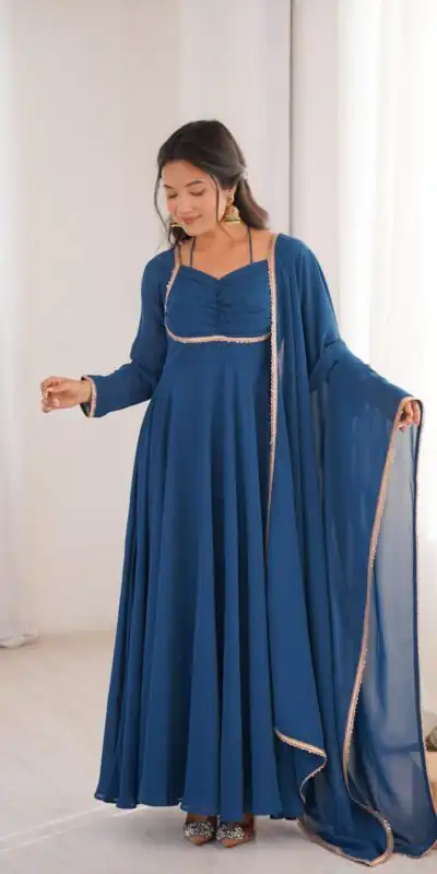 Teal Fox Blooming Georgette Lace Work Gown | Gowns, Bollywood Gowns, Creative Gowns, Designer Gowns, Embroidered Gowns, Party Wear Gowns