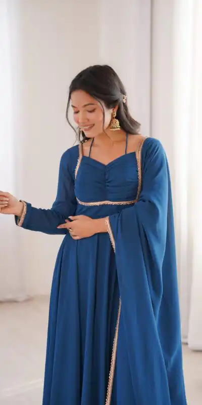 Teal Fox Blooming Georgette Lace Work Gown | Gowns, Bollywood Gowns, Creative Gowns, Designer Gowns, Embroidered Gowns, Party Wear Gowns