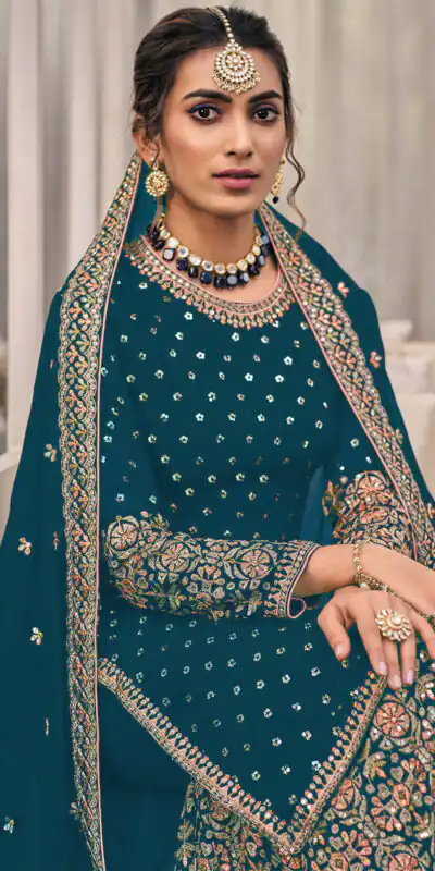 Teal Georgette Embroidery Lace Work Salwar Suit | Jump Suits, Tops & Bottoms, Track Suits, Salwar suit, Casual Suits, Creative suits, Designer Suits, Palazzo Suits, Party Wear Suits, Patiala Suits, Straight Suits, Trendy Wear