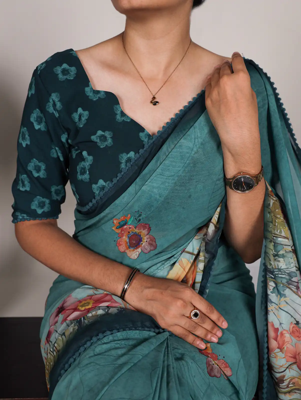 Teal Georgette Floral Saree | Sarees, Bollywood Sarees, Creative Sarees, Designer Sarees, Embroidered Sarees, Ethnic Saree, Modern Digital sarees, Party Wear Sarees