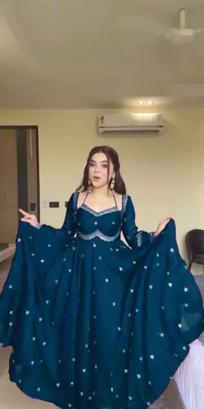 Teal Georgette Sequence Gown | Gowns, Bollywood Gowns, Creative Gowns, Designer Gowns, Embroidered Gowns, Party Wear Gowns