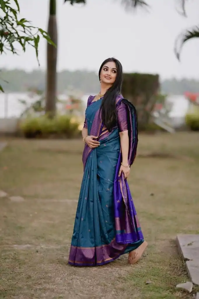 Teal Lichi Silk Jacquard Border Saree | Sarees, Bollywood Sarees, Creative Sarees, Designer Sarees, Embroidered Sarees, Ethnic Saree, Modern Digital sarees, Party Wear Sarees