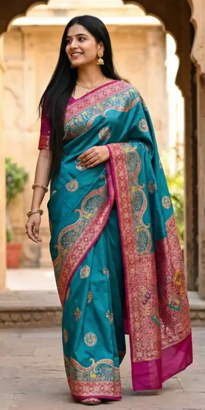 Teal Pashmina Silk Woven Lace Border Saree | Sarees, Bollywood Sarees, Creative Sarees, Designer Sarees, Embroidered Sarees, Ethnic Saree, Modern Digital sarees, Party Wear Sarees