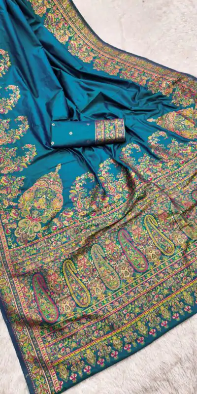 Teal Pashmina Silk Woven Motifs Saree | Sarees, Bollywood Sarees, Creative Sarees, Designer Sarees, Embroidered Sarees, Ethnic Saree, Modern Digital sarees, Party Wear Sarees