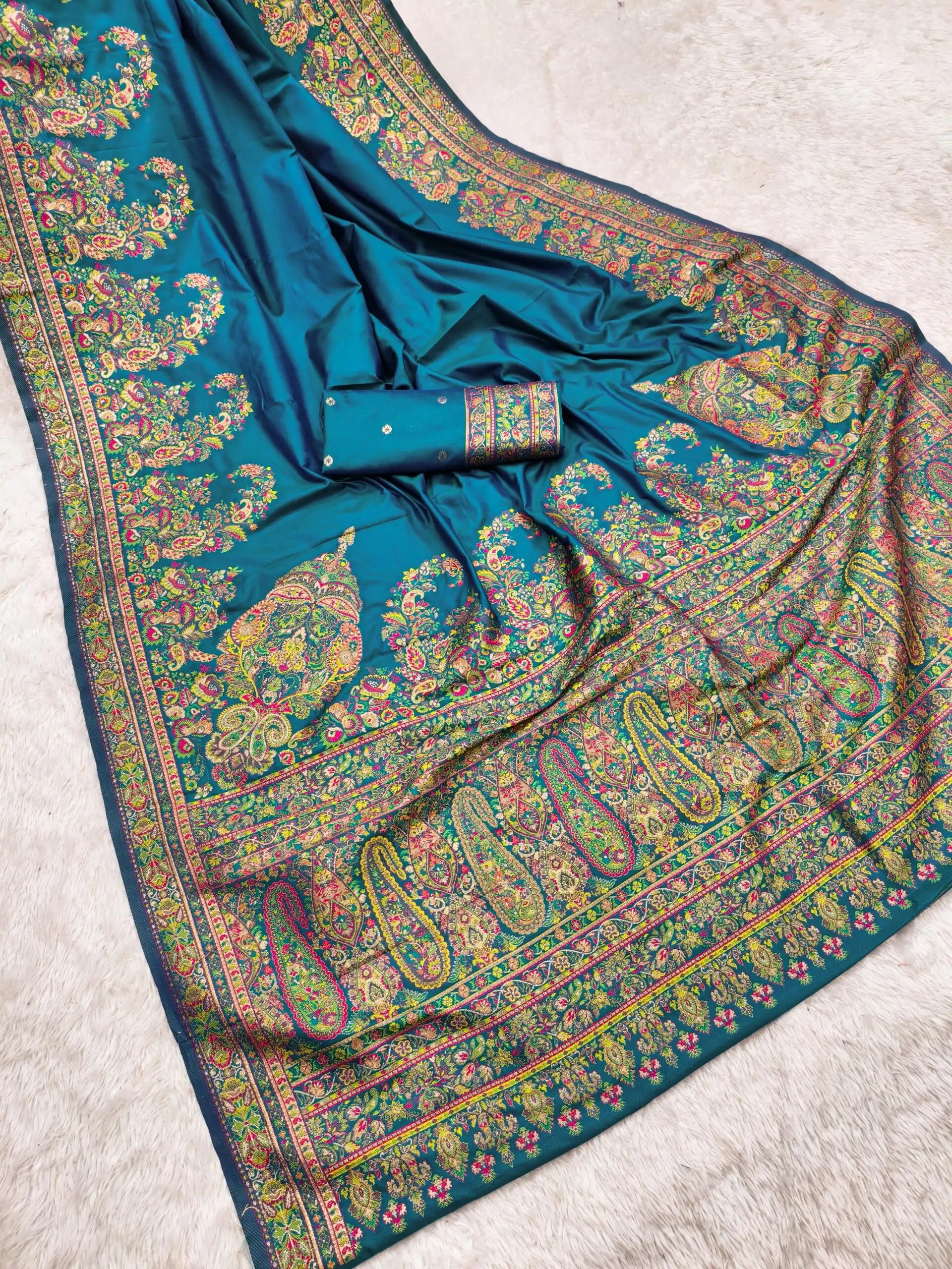 Teal Pashmina Silk Woven Motifs Saree | Sarees, Bollywood Sarees, Creative Sarees, Designer Sarees, Embroidered Sarees, Ethnic Saree, Modern Digital sarees, Party Wear Sarees