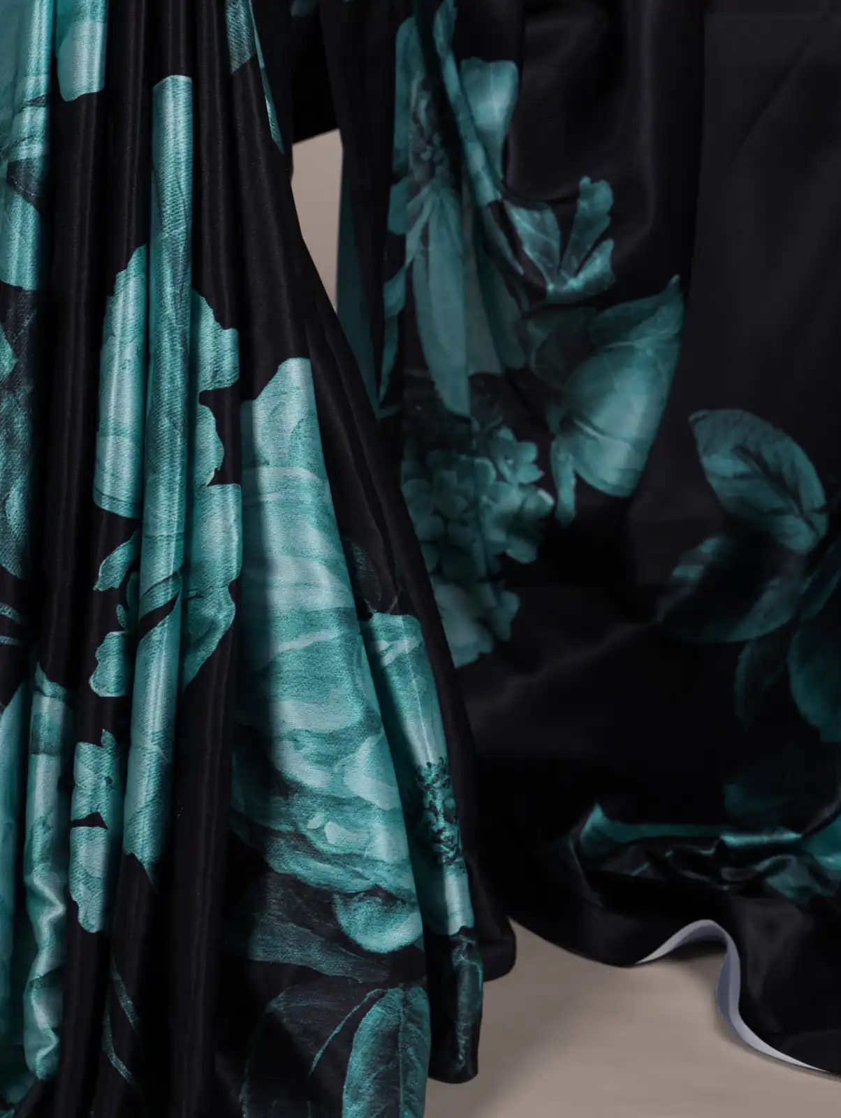 Teal Satin Silk Floral Print Saree | Sarees, Bollywood Sarees, Creative Sarees, Designer Sarees, Embroidered Sarees, Ethnic Saree, Modern Digital sarees, Party Wear Sarees