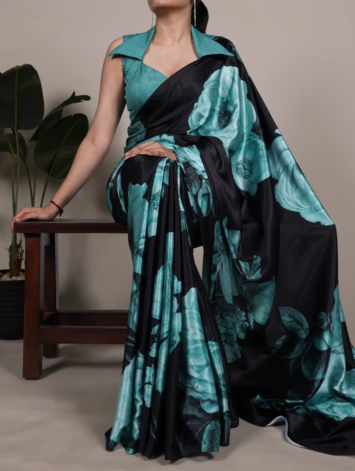 Teal Satin Silk Floral Print Saree | Sarees, Bollywood Sarees, Creative Sarees, Designer Sarees, Embroidered Sarees, Ethnic Saree, Modern Digital sarees, Party Wear Sarees