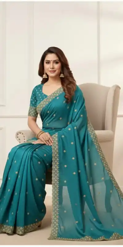 Teal Star Georgette Embroidery Work Saree | Sarees, Bollywood Sarees, Creative Sarees, Designer Sarees, Embroidered Sarees, Ethnic Saree, Modern Digital sarees, Party Wear Sarees