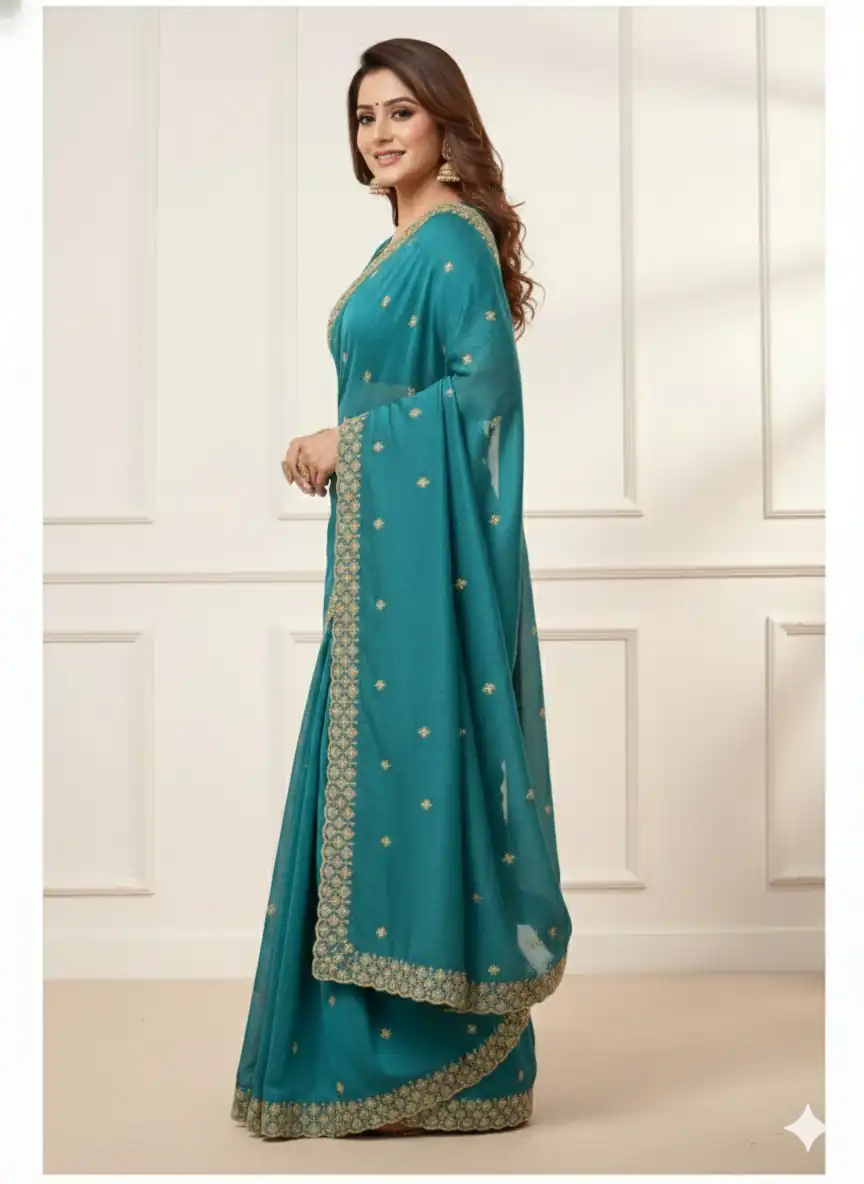Teal Star Georgette Embroidery Work Saree | Sarees, Bollywood Sarees, Creative Sarees, Designer Sarees, Embroidered Sarees, Ethnic Saree, Modern Digital sarees, Party Wear Sarees