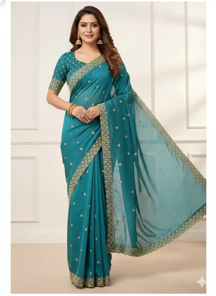 Teal Star Georgette Embroidery Work Saree | Sarees, Bollywood Sarees, Creative Sarees, Designer Sarees, Embroidered Sarees, Ethnic Saree, Modern Digital sarees, Party Wear Sarees