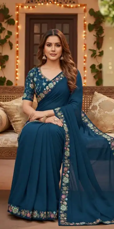 Teal Star Georgette Lace Embroidery Work Saree | Sarees, Bollywood Sarees, Creative Sarees, Designer Sarees, Embroidered Sarees, Ethnic Saree, Modern Digital sarees, Party Wear Sarees