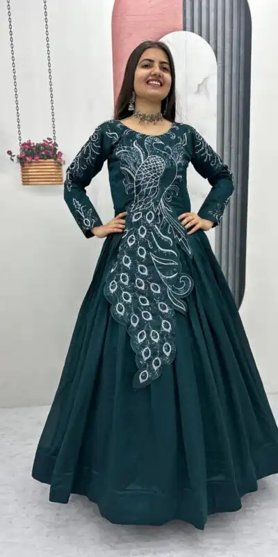 Teal Vichitra Silk Embroider Sequins Work Gown | Gowns, Bollywood Gowns, Creative Gowns, Designer Gowns, Embroidered Gowns, Party Wear Gowns