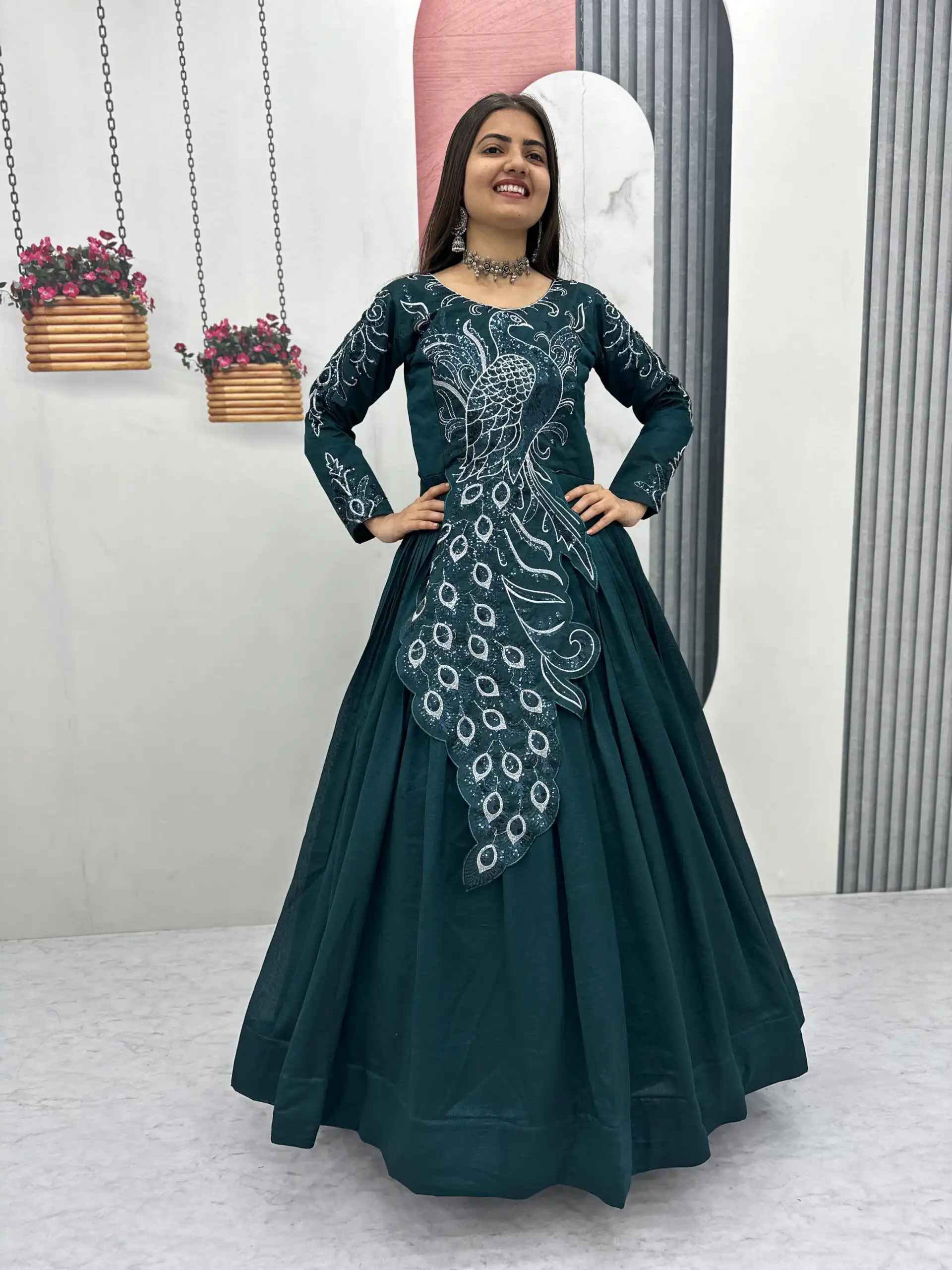 Teal Vichitra Silk Embroider Sequins Work Gown | Gowns, Bollywood Gowns, Creative Gowns, Designer Gowns, Embroidered Gowns, Party Wear Gowns