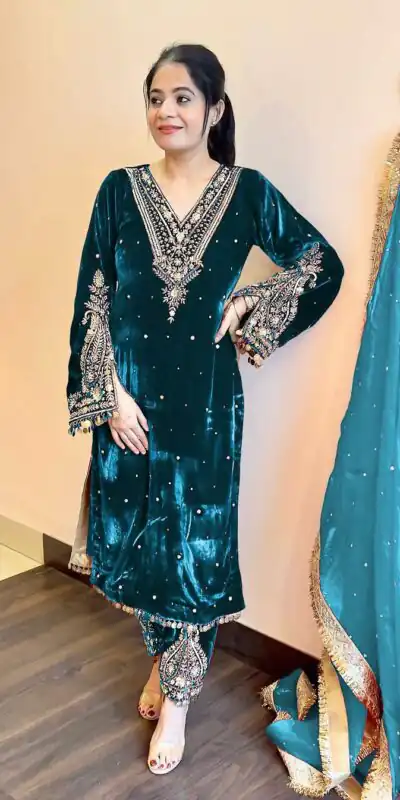 Teal Viscose Velvet Embroidery Salwar Suit | Jump Suits, Salwar suit, Casual Suits, Creative suits, Designer Suits, Palazzo Suits, Party Wear Suits, Patiala Suits, Straight Suits