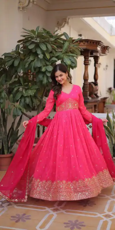 KA 1235 Pink Color Russian Silk Gown with Zari Work & Embroidery Work. Now at just βΉ2499. Delivery 4-6 Working Days. Shop now. | Gowns, Bollywood Gowns, Creative Gowns, Designer Gowns, Embroidered Gowns, Party Wear Gowns