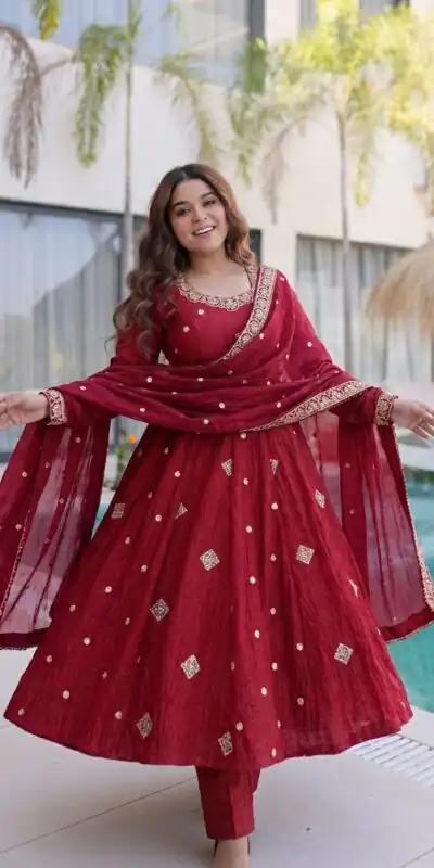 SRK 5351 Red Crunchy Silk Gown Perfect for Wedding, Party, Haldi, Anniversary, Holi β . Affordable Price βΉ2149. Delivery 4-6 Working Days. Shop now. | Gowns, Bollywood Gowns, Creative Gowns, Designer Gowns, Embroidered Gowns, Party Wear Gowns