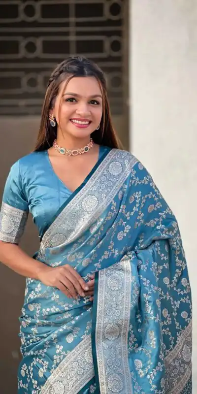 KPR 290 Blue in Soft Lichi Silk Jacquard Work Designer Work Saree . Exclusive Offer ₹1349. Delivery 4-6 Working Days. Shop now. | Sarees, Bollywood Sarees, Creative Sarees, Designer Sarees, Embroidered Sarees, Ethnic Saree, Modern Digital sarees, Party Wear Sarees