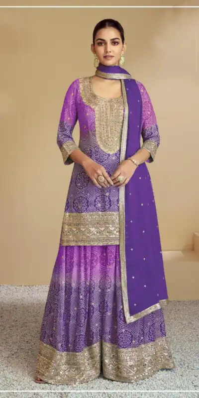 Violet Chinon Digital Print With Mat Sequence Sharara Suit | Jump Suits, Salwar suit, Casual Suits, Creative suits, Designer Suits, Palazzo Suits, Party Wear Suits, Patiala Suits, Straight Suits