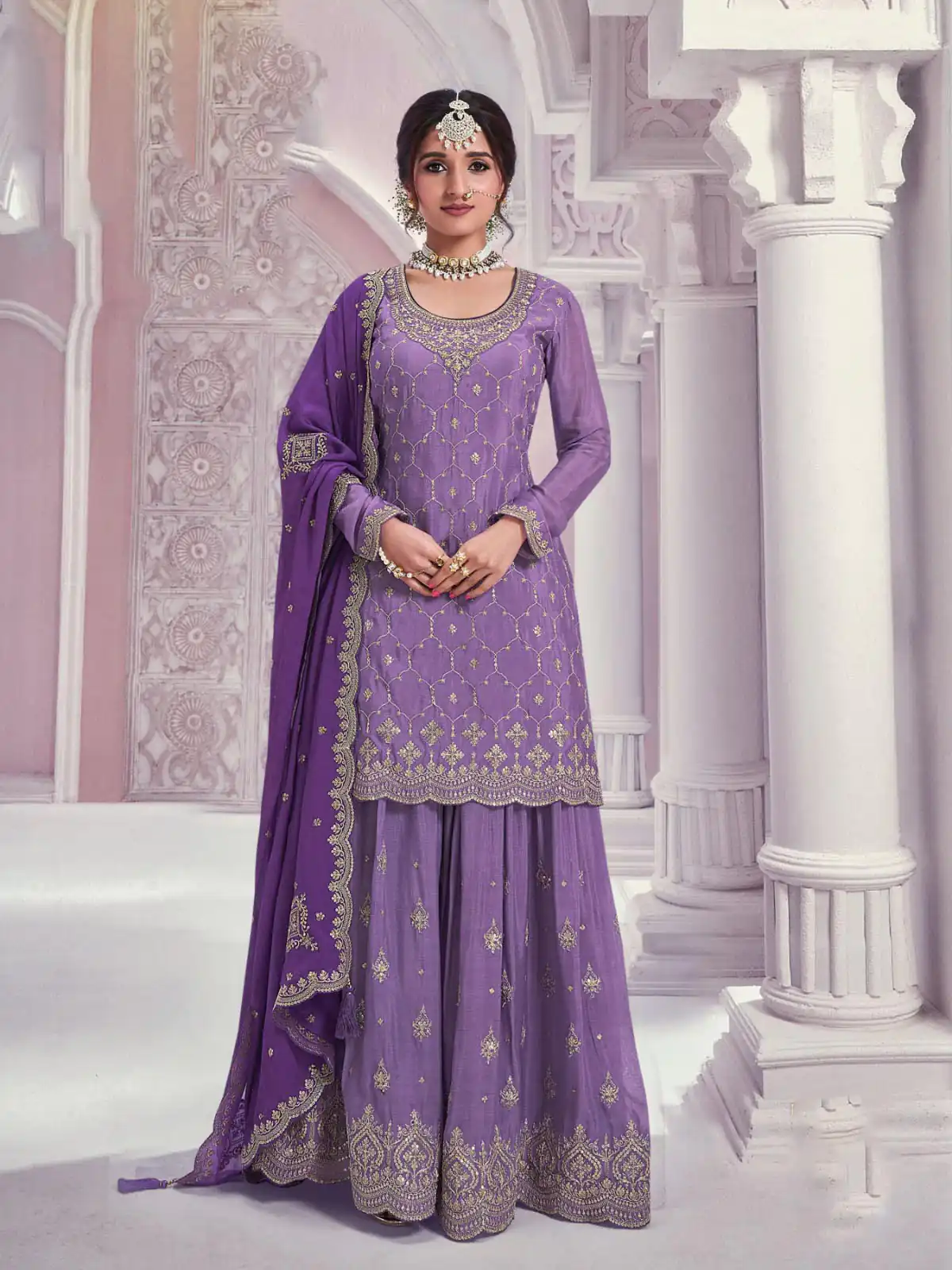Violet Chinon Multi Coding Work Salwar Suit | Jump Suits, Salwar suit, Casual Suits, Creative suits, Designer Suits, Palazzo Suits, Party Wear Suits, Patiala Suits, Straight Suits