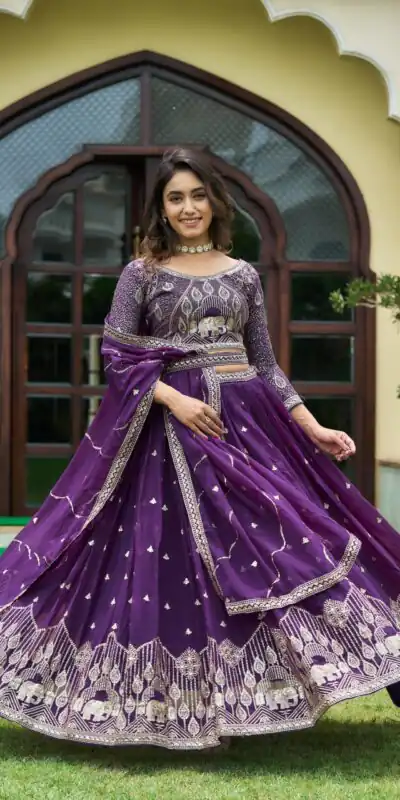 Violet Embroidery Georgette Sequence Lehenga Choli | Lehenga, Bollywood Lehenga, Creative Lehenga, Designer Lehenga, Embroidered Lehenga, Party Wear Lehenga
