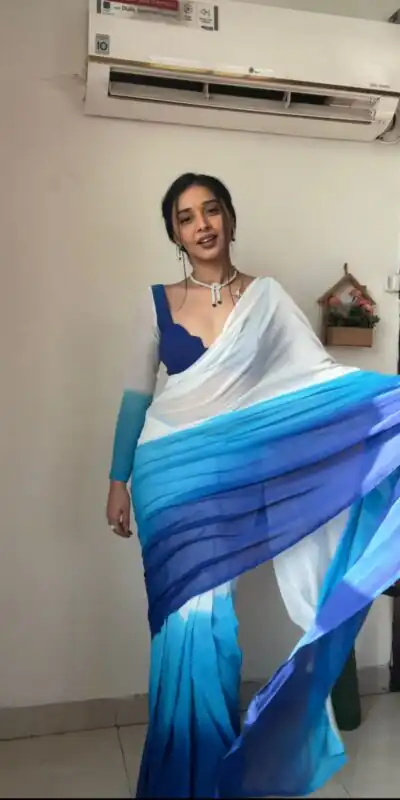 White And Blue Soft Georgette Silk Ready To Wear Saree | Sarees, Bollywood Sarees, Creative Sarees, Designer Sarees, Embroidered Sarees, Ethnic Saree, Modern Digital sarees, Party Wear Sarees