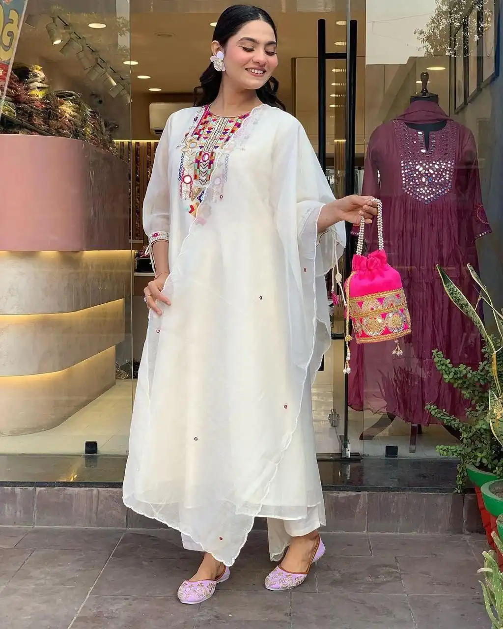 White Chanderi Silk With Mirror Work Embroidery Salwar Suit | Jump Suits, Salwar suit, Casual Suits, Creative suits, Designer Suits, Palazzo Suits, Party Wear Suits, Patiala Suits, Straight Suits