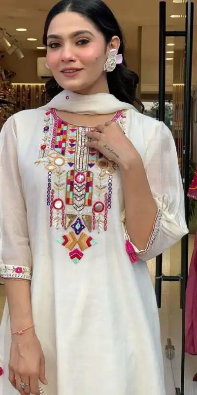 White Chanderi Silk With Mirror Work Embroidery Salwar Suit | Jump Suits, Salwar suit, Casual Suits, Creative suits, Designer Suits, Palazzo Suits, Party Wear Suits, Patiala Suits, Straight Suits