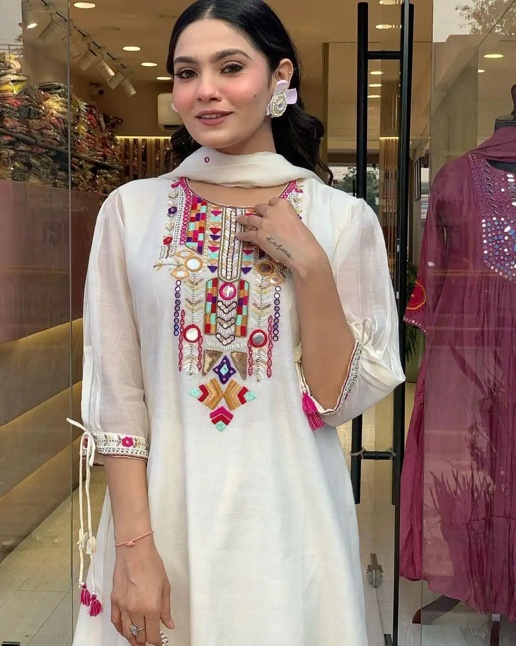 White Chanderi Silk With Mirror Work Embroidery Salwar Suit | Jump Suits, Salwar suit, Casual Suits, Creative suits, Designer Suits, Palazzo Suits, Party Wear Suits, Patiala Suits, Straight Suits