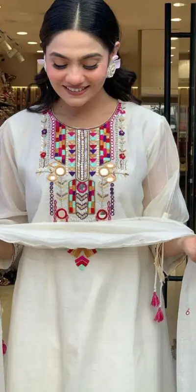 White Chanderi Silk With Mirror Work Embroidery Salwar Suit | Jump Suits, Salwar suit, Casual Suits, Creative suits, Designer Suits, Palazzo Suits, Party Wear Suits, Patiala Suits, Straight Suits