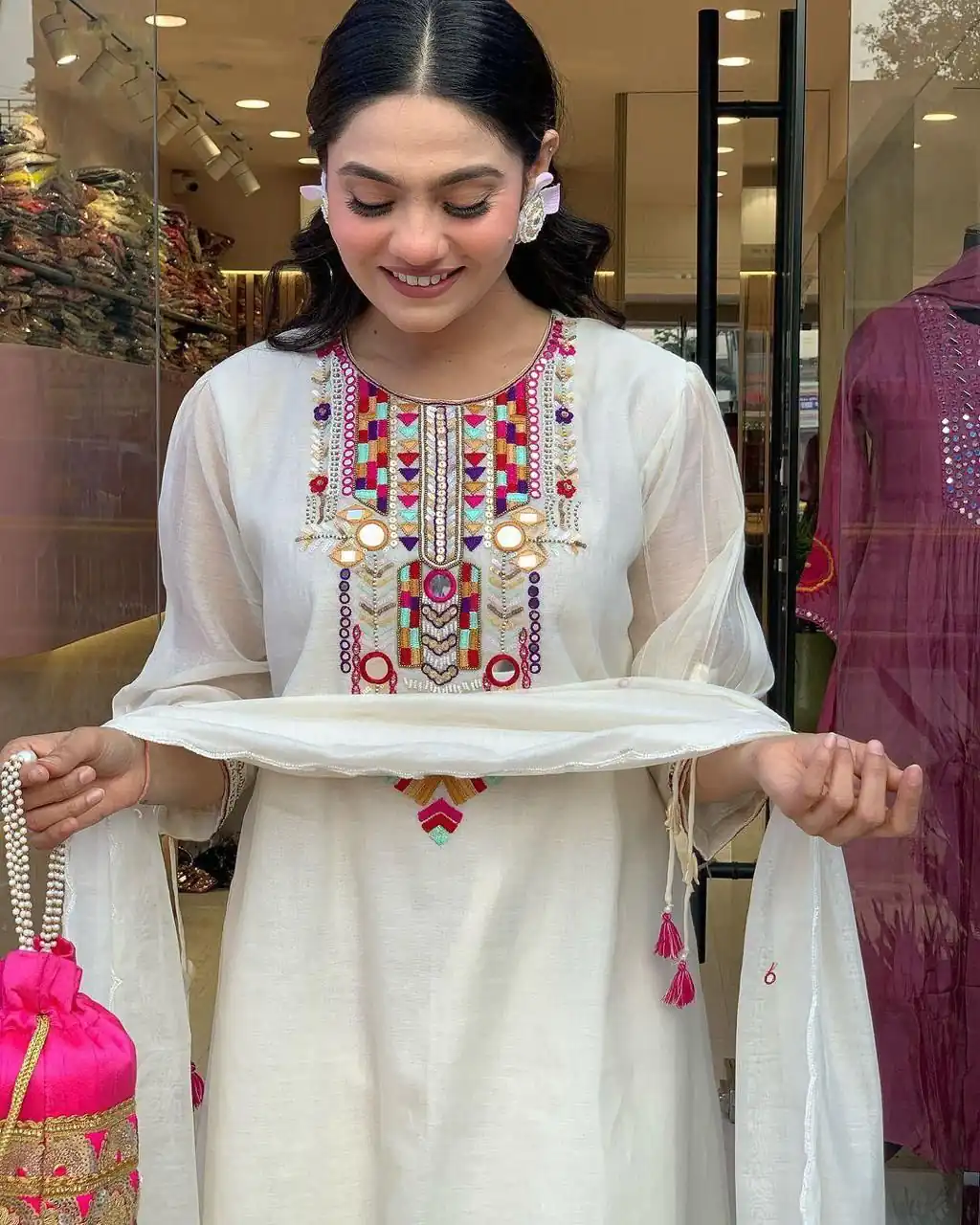 White Chanderi Silk With Mirror Work Embroidery Salwar Suit | Jump Suits, Salwar suit, Casual Suits, Creative suits, Designer Suits, Palazzo Suits, Party Wear Suits, Patiala Suits, Straight Suits