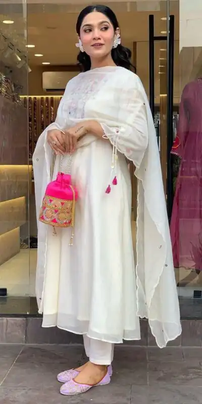 White Chanderi Silk With Mirror Work Embroidery Salwar Suit | Jump Suits, Salwar suit, Casual Suits, Creative suits, Designer Suits, Palazzo Suits, Party Wear Suits, Patiala Suits, Straight Suits