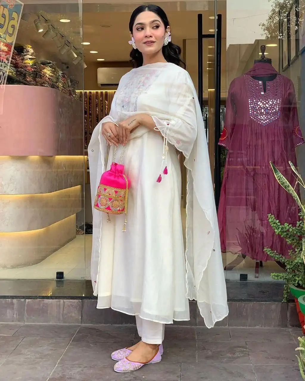 White Chanderi Silk With Mirror Work Embroidery Salwar Suit | Jump Suits, Salwar suit, Casual Suits, Creative suits, Designer Suits, Palazzo Suits, Party Wear Suits, Patiala Suits, Straight Suits