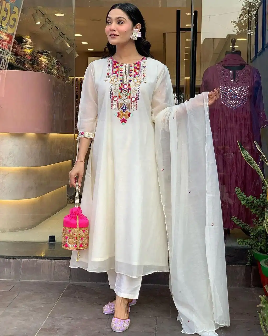 White Chanderi Silk With Mirror Work Embroidery Salwar Suit | Jump Suits, Salwar suit, Casual Suits, Creative suits, Designer Suits, Palazzo Suits, Party Wear Suits, Patiala Suits, Straight Suits