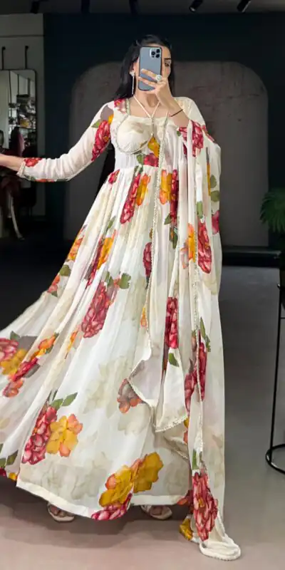 White Chiffon Floral Print Lace Work Gown | Gowns, Bollywood Gowns, Creative Gowns, Designer Gowns, Embroidered Gowns, Party Wear Gowns