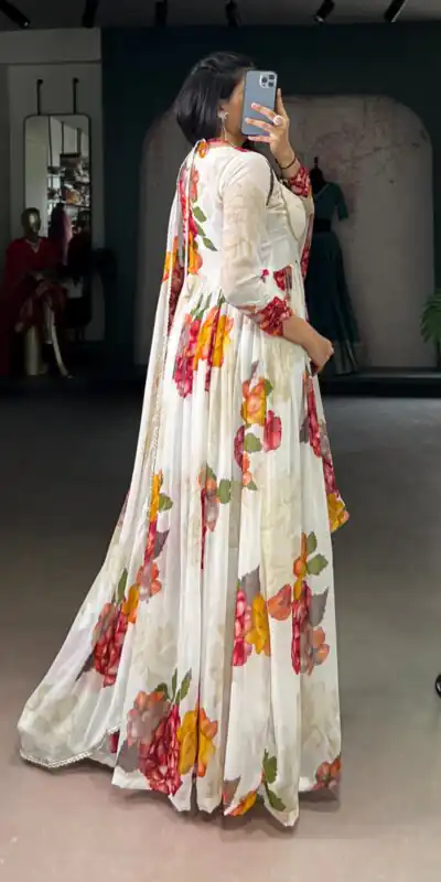 White Chiffon Floral Print Lace Work Gown | Gowns, Bollywood Gowns, Creative Gowns, Designer Gowns, Embroidered Gowns, Party Wear Gowns