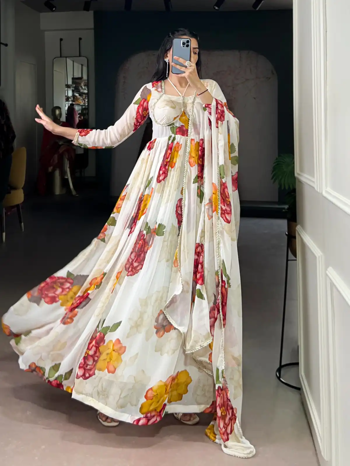 White Chiffon Floral Print Lace Work Gown | Gowns, Bollywood Gowns, Creative Gowns, Designer Gowns, Embroidered Gowns, Party Wear Gowns