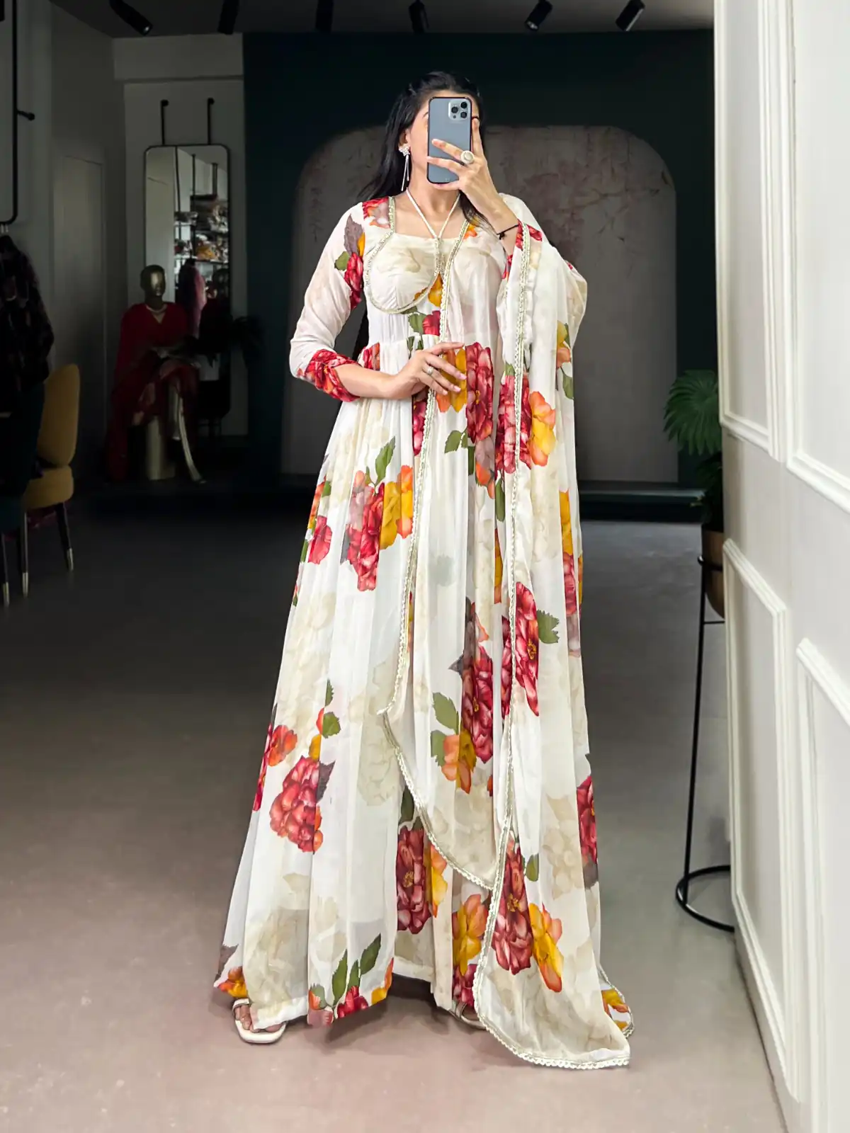 White Chiffon Floral Print Lace Work Gown | Gowns, Bollywood Gowns, Creative Gowns, Designer Gowns, Embroidered Gowns, Party Wear Gowns