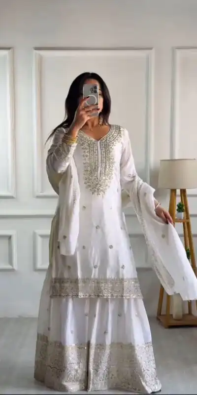 White Chinnon Silk With Embroidery Work Sharara Suit | Jump Suits, Salwar suit, Casual Suits, Creative suits, Designer Suits, Palazzo Suits, Party Wear Suits, Patiala Suits, Straight Suits