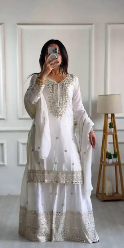 White Chinnon Silk With Embroidery Work Sharara Suit | Jump Suits, Salwar suit, Casual Suits, Creative suits, Designer Suits, Palazzo Suits, Party Wear Suits, Patiala Suits, Straight Suits