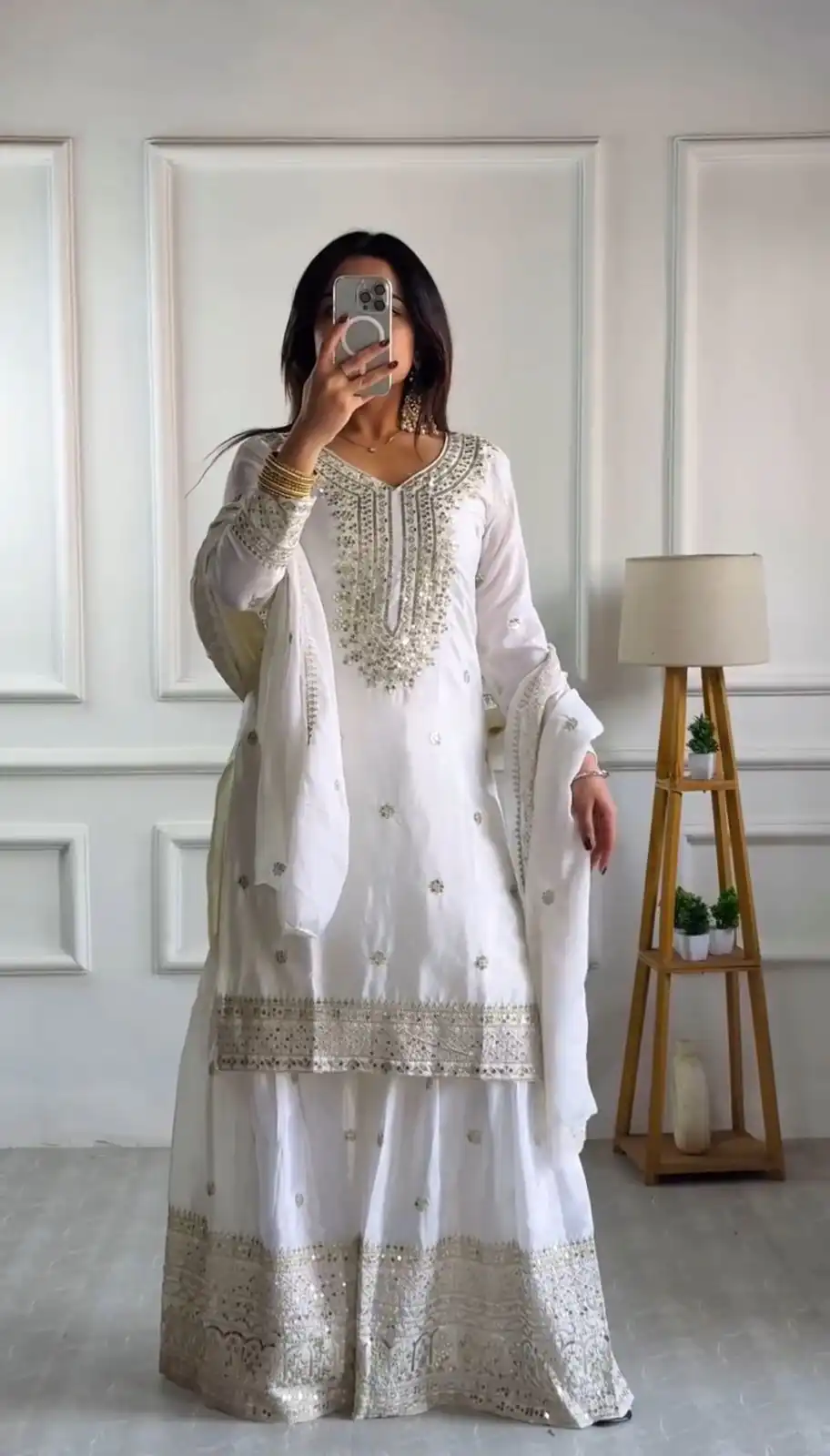 White Chinnon Silk With Embroidery Work Sharara Suit | Jump Suits, Salwar suit, Casual Suits, Creative suits, Designer Suits, Palazzo Suits, Party Wear Suits, Patiala Suits, Straight Suits