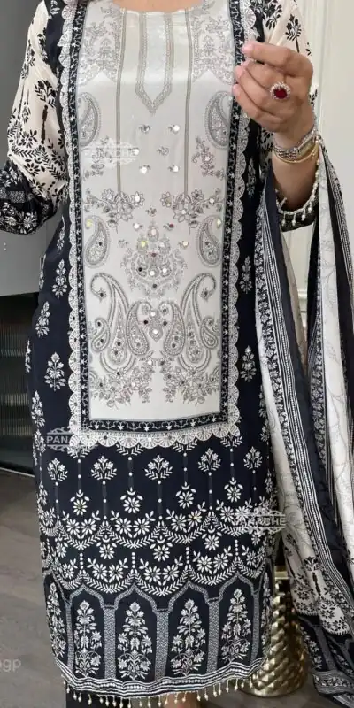 White Chinon Printed Mirror Work Salwar Suit | Jump Suits, Salwar suit, Casual Suits, Creative suits, Designer Suits, Palazzo Suits, Party Wear Suits, Patiala Suits, Straight Suits