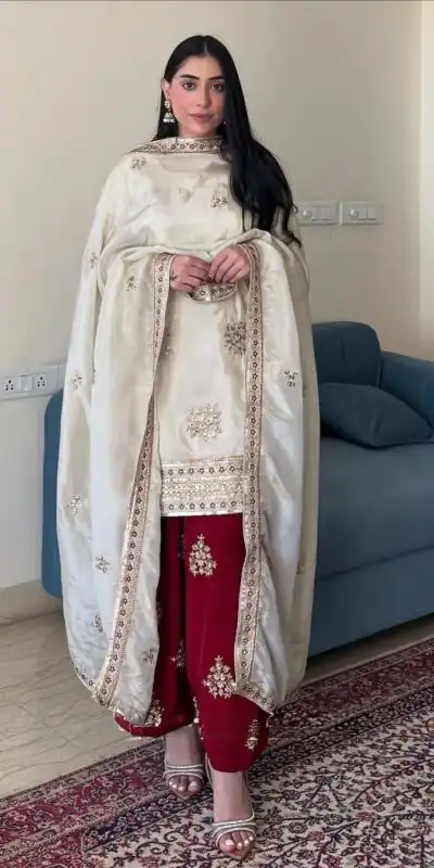 White Chinon Silk With Embroidery Work Salwar Suit | Jump Suits, Salwar suit, Casual Suits, Creative suits, Designer Suits, Palazzo Suits, Party Wear Suits, Patiala Suits, Straight Suits