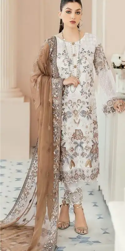 White & Coffee Georgette Embroidery Salwar Suit | Salwar suit, Casual Suits, Creative suits, Designer Suits, Palazzo Suits, Party Wear Suits, Patiala Suits, Straight Suits
