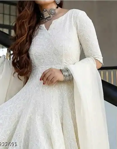 White Cotton Chikan Sevens Lace Work Gown | Gowns, Bollywood Gowns, Creative Gowns, Designer Gowns, Embroidered Gowns, Party Wear Gowns